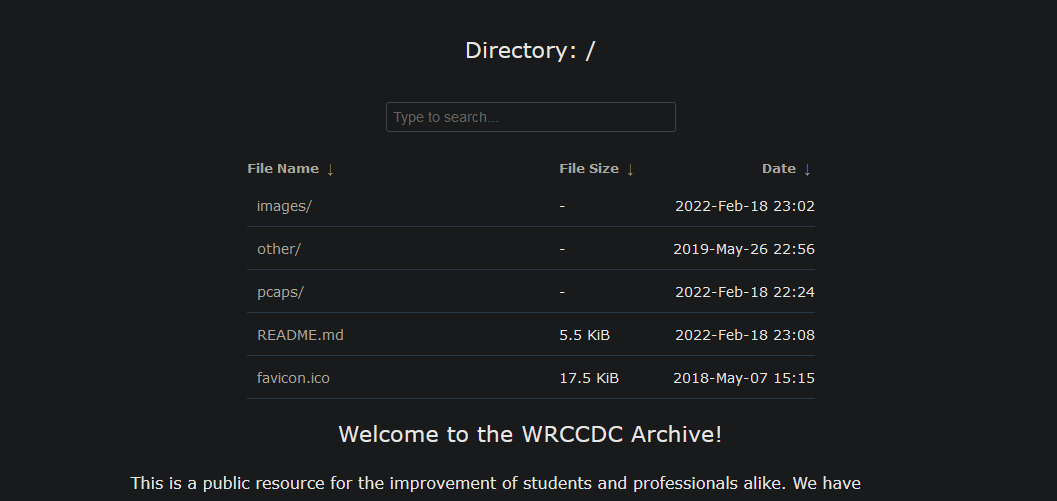 Screenshot of the WRCCDC archive.